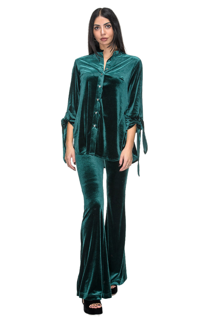 PANTALONE A ZAMPA VELLUTO LISCIO VERDE SMERALDO BOLDETTI