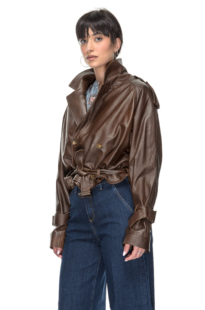 TRENCH CORTO PELLE CIOCCOLATO 3+1 FIT